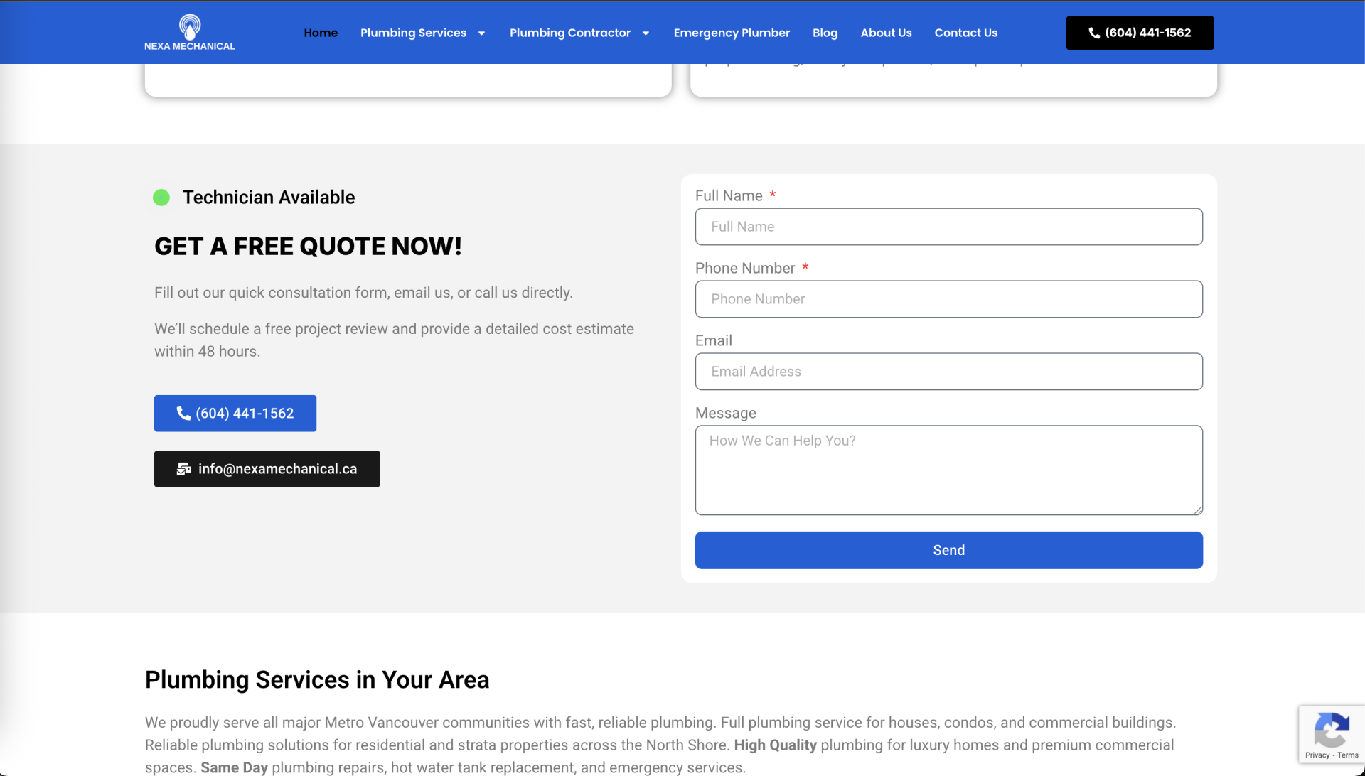 Professional plumbing service website layout for Vancouver Plumbing Services in Vancouver BC