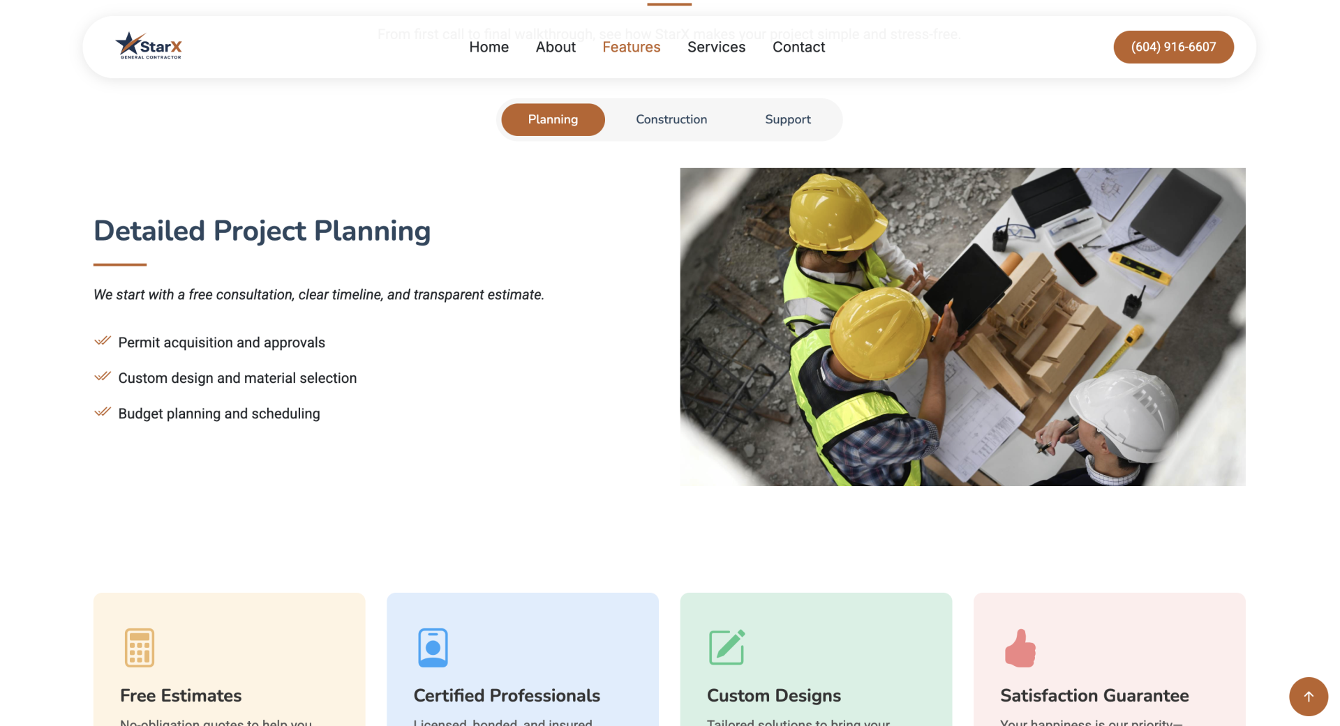 Modern contractor website layout showcasing services and professional branding